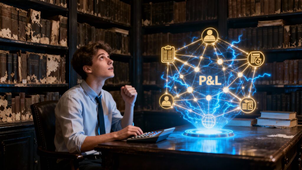 Estudante de contabilidade visualizando conexões lógicas em holograma brilhante, representando o padrão oculto questões exame cfc fgv.
