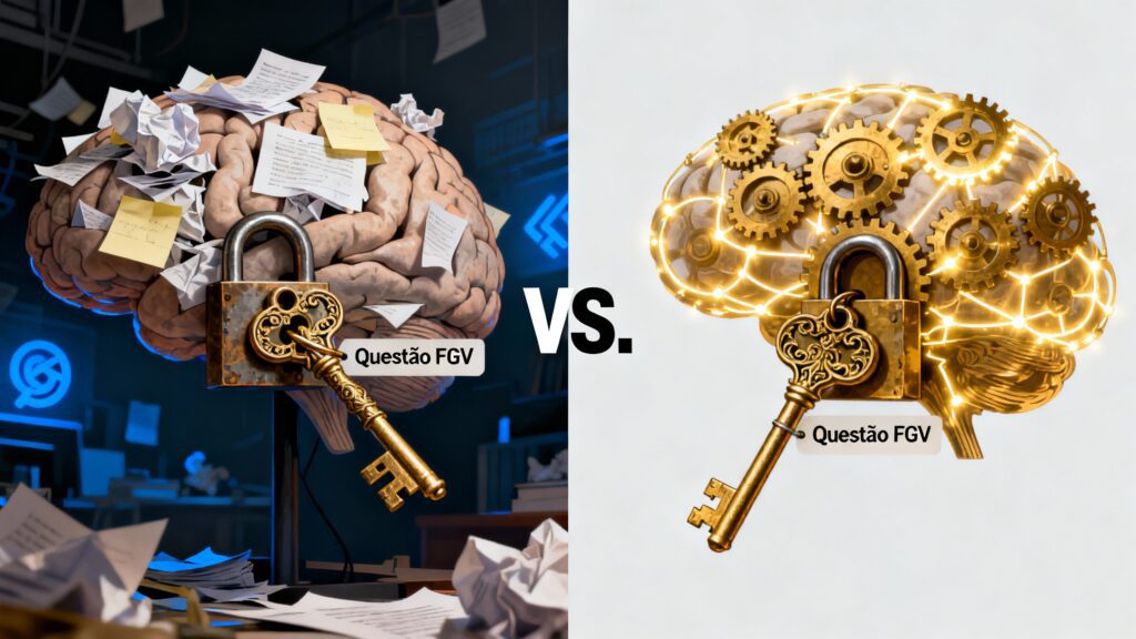 Diagrama comparando o estudo por memorização, onde a chave da questão FGV não encaixa, com o estudo por raciocínio, onde ela se encaixa perfeitamente, ilustrando o conflito entre estudo por questões vs resumo para o CFC.