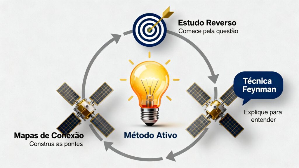 Infográfico com os 3 pilares do método ativo para o exame de suficiência: estudo reverso por questões, a didática da técnica Feynman para estudar e o uso de mapas mentais de conexão para um aprendizado sólido e duradouro.