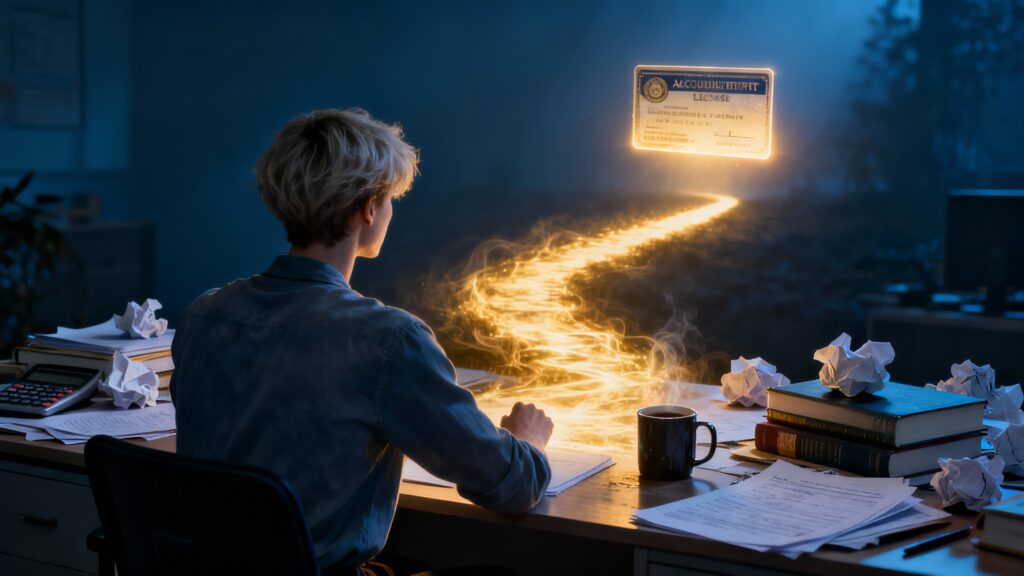 Estudante de contabilidade deixando para trás uma mesa de estudos caótica, olhando para um caminho iluminado que leva à carteira do CRC, representando a superação após reprovar no exame do CFC e o que fazer agora.